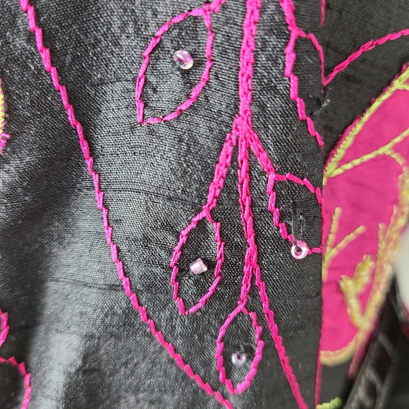 Blue Bayou Black Floral Embroidered Beaded Silk Art To Wear Boho Jacket - Picture 6 of 13
